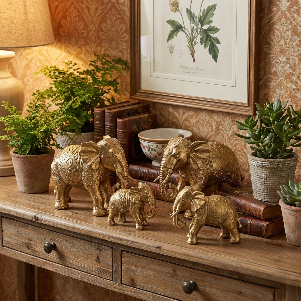 Set of 4 Gold Elephant Figurines – Decorative Statues Home Decor