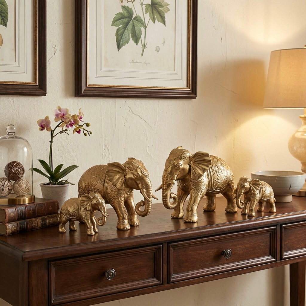 Set of 4 Gold Elephant Figurines – Decorative Statues Home Decor