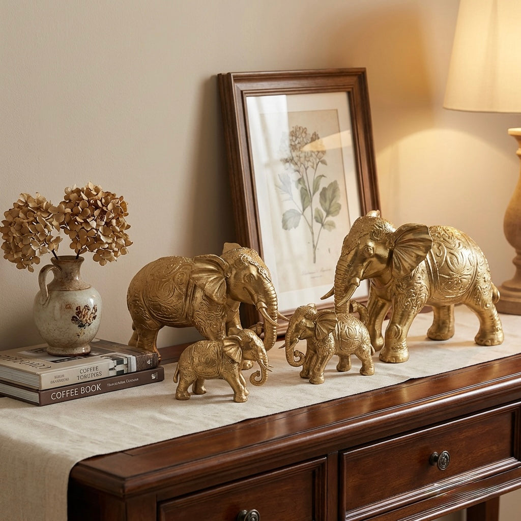 Set of 4 Gold Elephant Figurines – Decorative Statues Home Decor