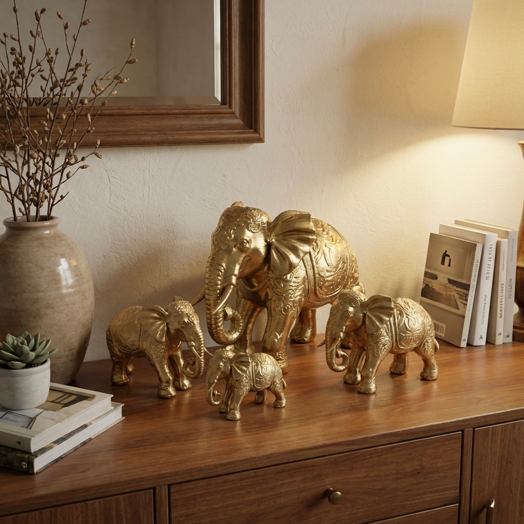 Set of 4 Gold Elephant Figurines – Decorative Statues Home Decor