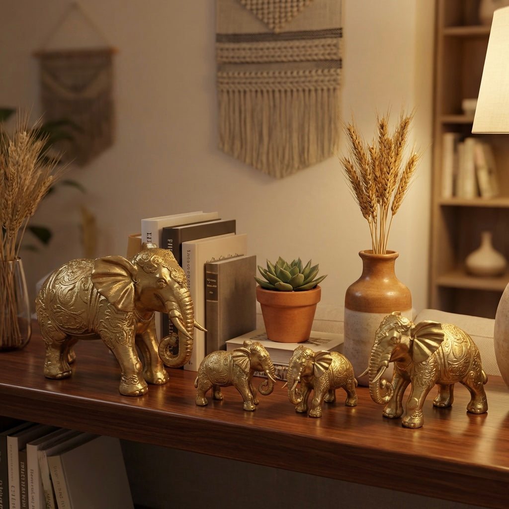 Set of 4 Gold Elephant Figurines – Decorative Statues Home Decor