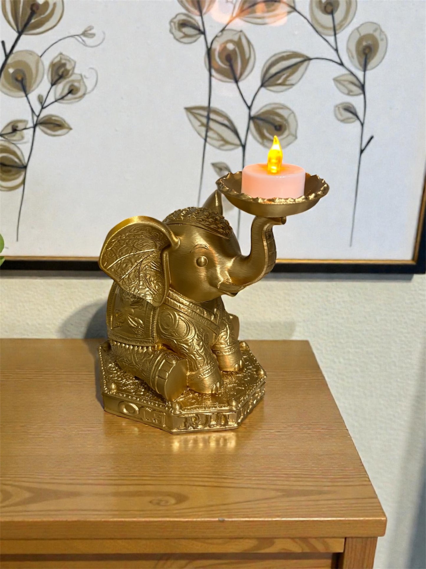 Golden Elephant Figurine Candle Holder – 17cm Ornate Decorative Statue