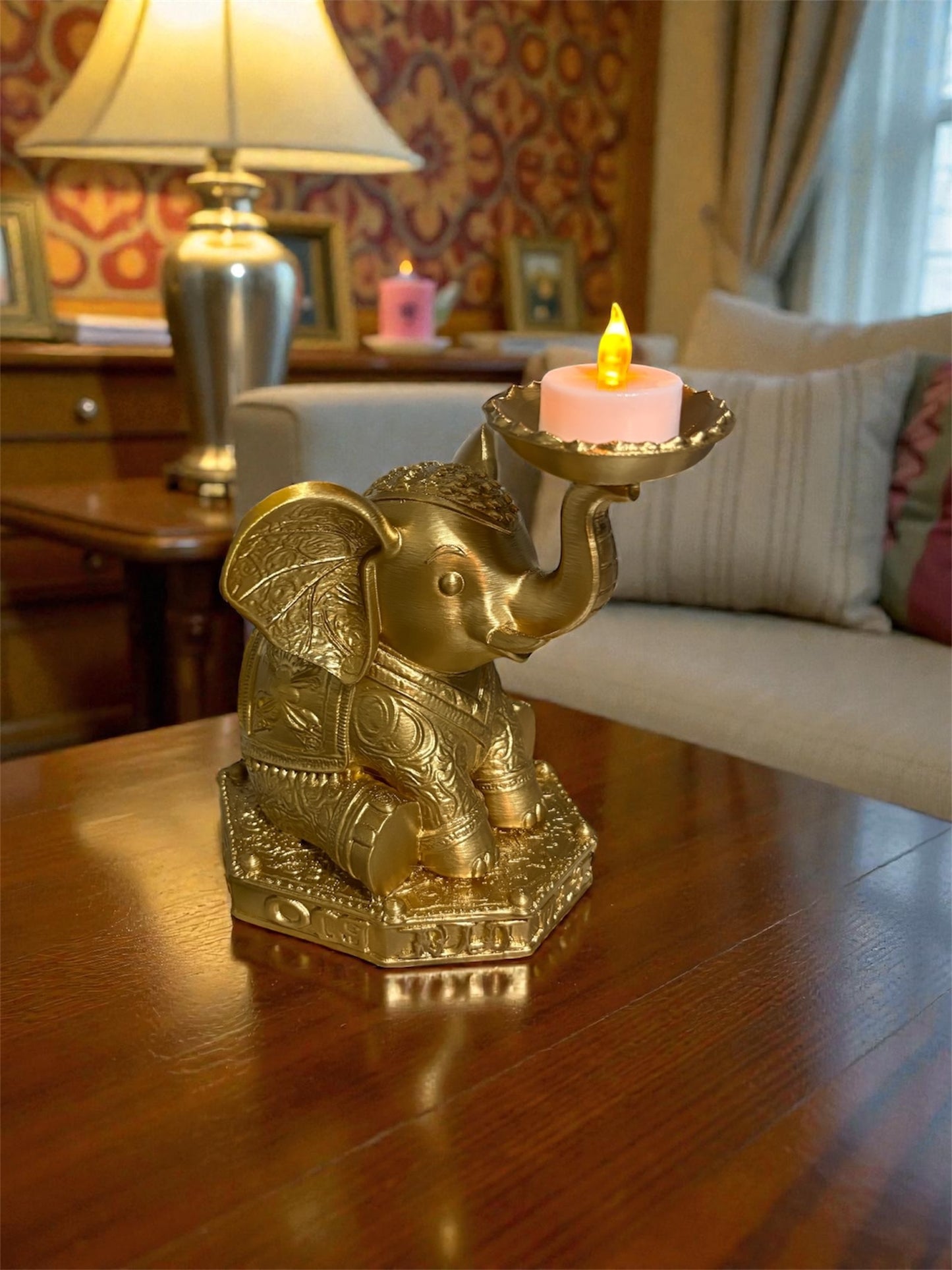 Golden Elephant Figurine Candle Holder – 17cm Ornate Decorative Statue
